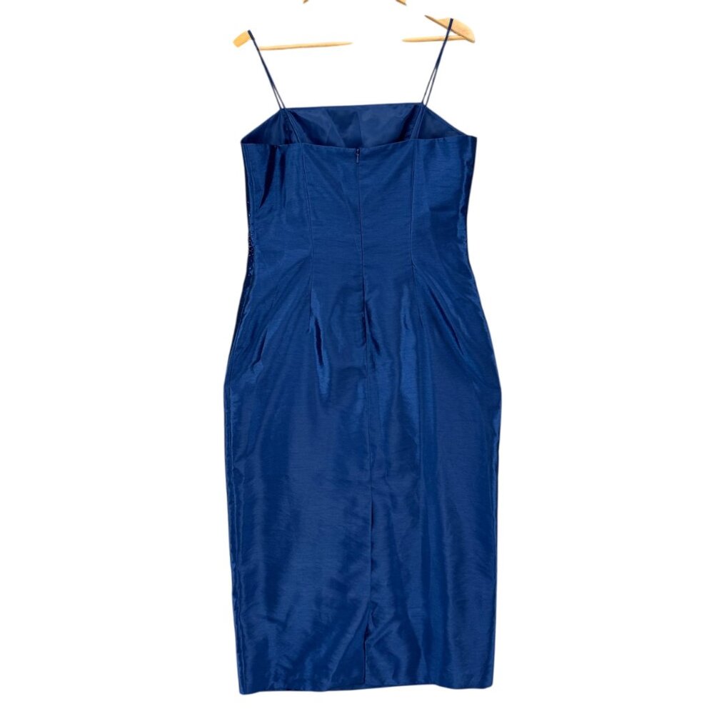 Vtg Alex Evenings Midi Sheath Dress Blue Satin Beaded Sleeveless Lined Size 14